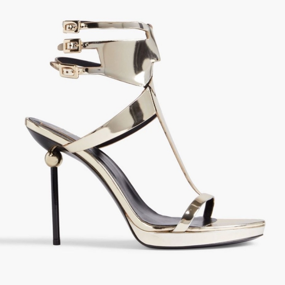 NEW ROGER VIVIER PARIS MIRROR LEATHER GOLD HEEL SANDALS